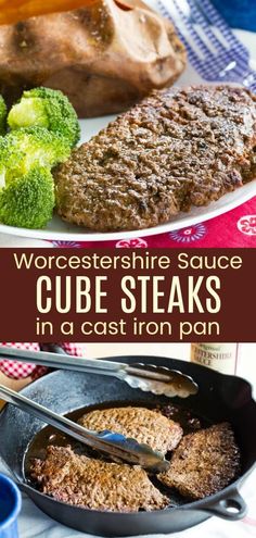 steaks and broccoli on a plate with sauce in a cast iron pan