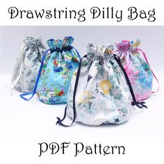 three drawstring bags with different designs on them and the text drawstring dilly bag