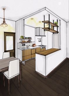 an artist's rendering of a kitchen and dining room with wood floors, white walls and cabinets