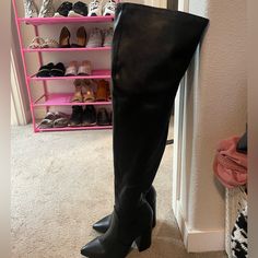 Never Worn Too Loose On My Thigh. Fitted Tall Black Knee-high Boots, Black Tall Boots With Stacked Heel, Black Knee-high Boots With Stacked Heel, Black Fitted Tall Heeled Boots, Fitted Heeled Boots With Stacked Heel For Night Out, Black Over-the-knee Heeled Boots For Spring, High Heeled Boots For Night Out In Fall, Tall Heeled Boots For Night Out In Fall, Chic Tall Black Heeled Boots