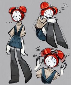 an image of a woman with clocks on her head and in overalls, standing next to each other