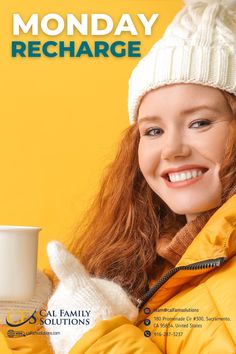 a woman in yellow jacket and white hat holding a coffee cup with the words monday recharge on it