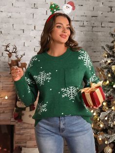 Plus Women Christmas Green Christmas Tree & Snowflake Knit Sweater, Long Sleeve Green Casual  Long Sleeve Knitwear Christmas Pullovers High Stretch  Women Plus Clothing, size features are:Bust: ,Length: ,Sleeve Length: Trendy Christmas Outfits, Plus Size Pullover, Holiday Attire, Plus Size Sweaters, Christmas Fashion, Halloween Women, Christmas Women, Seasonal Fashion, Ladies Party