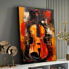 an abstract painting with a violin on the wall next to a white shelf and vase