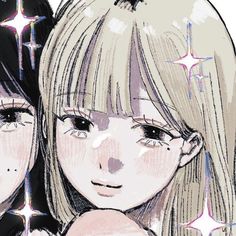 two girls with long hair and stars on their foreheads are looking at the camera