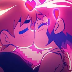 two people kissing each other in front of a heart - shaped background with pink and purple colors