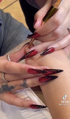 Long Nail Designs Red And Black, Red And Black Nail Design, Black And Red Stiletto Nails, Black And Red Nails Stiletto, Red And Black Nails Acrylic Stilettos, Black And Red Nails, Black And Red Nails Ideas Goth, Red Stiletto Nails