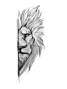 a black and white drawing of a lion's head with blue eyes on a white background