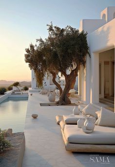 an outdoor lounge area next to a swimming pool with trees in the foreground and white stucco walls