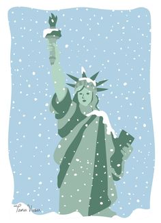 a drawing of the statue of liberty in winter with snow falling on it and holding a cell phone