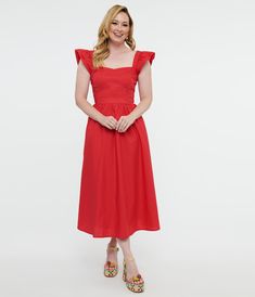 Hey there, beautiful! Looking for a stunning outfit that's as fun and flirty as you are? Look no further than this fabulous midi dress! This vibrant red dress features short flutter sleeves, a smocked back for the perfect fit, and a convenient back zipper. The sweetheart neckline adds an extra touch of sweetness to this timeless piece. Complete with boning in the bodice!Available in sizes XS-4X while supplies last.Style runs small; Please review size chart. Stunning Outfits, Hey There, Flutter Sleeves, Vibrant Red, Flutter Sleeve, Sweetheart Neckline, Timeless Pieces, Unique Vintage, Red Dress