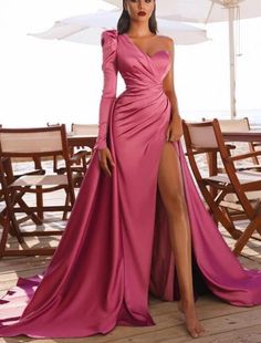 Gorgeous Mermaid One Shoulder Hot Pink Long Sleeve Stain Prom Dress With Split on Storenvy Cheap Prom Dresses Online, Evening Dress Long, One Shoulder Prom Dress, Maxi Dress Outfit, Custom Prom Dress, Satin Evening Dresses, Formal Evening Dress, Party Kleidung, Women Long Sleeve Dress