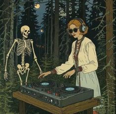 a woman with headphones is playing music in the woods while a skeleton stands behind her