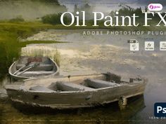 an old boat sitting in the water with oil paint effects on it's side