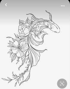 a black and white drawing of a koi fish with flowers on it's side