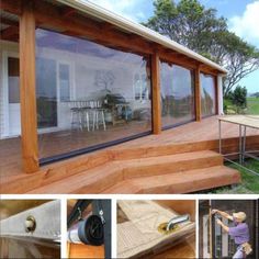 a collage of photos showing the outside of a house with wooden steps and windows