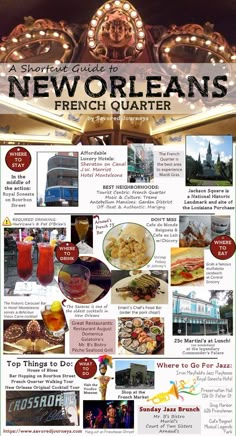 a guide to new orleans's french quarter with pictures of food and drinks on it