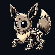 a cute little cartoon animal with big eyes and skeleton like body, standing in front of a black background