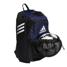 Designed specifically for soccer players, this adidas Stadium III Backpack Navy/White is constructed from 100% Polyester Material. Ventilated FreshPAK cleat compartment that resists bacterial odors. Bottom front pocket with zip pocket for easy ball carrying. An inner mesh valuables pocket to protect your belongings and ultra padded shoulder straps for comfort. Product Details: Zippered bottom ball pocket that fits a Size 5 Soccer Ball Two side mesh water bottle pockets that fit up to 32 oz bottl Soccer Backpack, Soccer Bag, Adidas Backpack, Soccer Outfits, Soccer Gear, Adidas Soccer, Nike Soccer, Blue Backpack, Blue Adidas