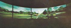 the view from inside a vehicle looking out at a city street and trees, with multiple panoramic images in front of them