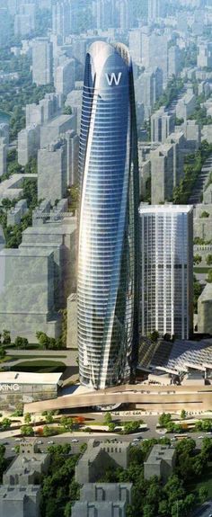 an artist's rendering of a futuristic skyscraper in the city