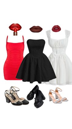 four different types of dresses and shoes with heels on the bottom one is red, white and black