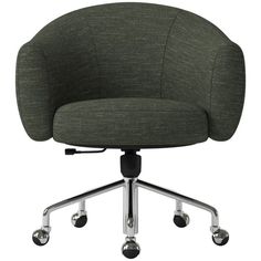 a green office chair with chrome wheels on an isolated white background, viewed from the front