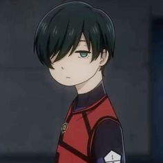 an anime character with black hair and green eyes wearing a red uniform, looking at the camera