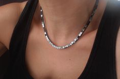 "This Minimalist Necklace has 4X4mm Small Cube Natural Black Hematite Gemstones. The Gemstone Necklace is approximately 16\" with pure 925 Sterling silver Spring Clasp. Type: Gemstone Beaded Necklace Length: ~16.5\". ♥925 Pure Sterling Silver Spring Clasp. Colors: Black Hematite. Natural Beads: 4x4mm Cube Natural Hematite. ♥More Gemstone Necklaces: https://www.etsy.com/shop/ParisiJewelryDesigns?section_id=13323063&ref=shopsection_leftnav_7" Handmade Crystal Necklace, Hematite Jewelry, Square Beads, Gemstone Necklaces, Gemstone Beaded Necklace, Bohemian Necklace, Black Jewelry, Necklace Black, Matching Bracelets