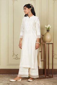 Shop for Sheetal Batra White Silk Chanderi Banafsha Embroidered Kurta And Palazzo Set for Women Online at Aza Fashions Sheetal Batra, Pocket Kurta, Dori Embroidery, Dori Work, Embellished Buttons, Long Kurta, White Kurta, Palazzo Set, Ivory Silk