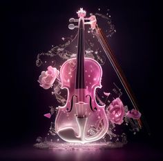 a pink violin with flowers and music notes on it's back, in front of a black background