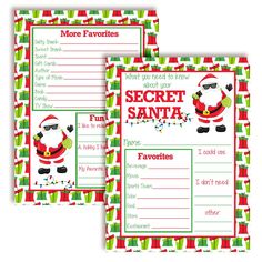 two printable christmas cards with santa clause and presents on the front, one in green and