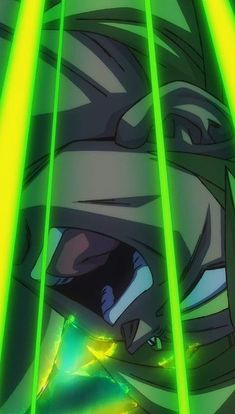 an anime character with green lights in the background