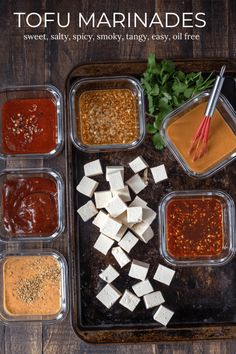 tofu marinades in plastic containers with chopsticks and seasonings on the side