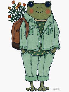 a drawing of a frog with a backpack and flowers in it's back pocket