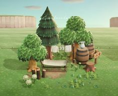 an animated image of a house in the middle of a field with trees and benches