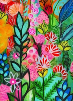 an abstract painting of colorful flowers and leaves