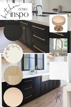 the kitchen is decorated in black and white with gold accents, including an oval sink