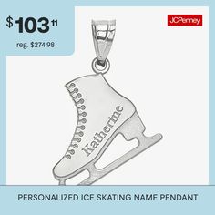 an ice skate pendant with the name personalized on it, and a price tag for $