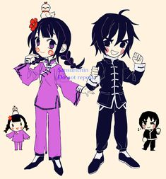 two anime characters dressed in purple and black