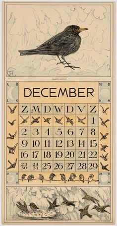 a calendar with birds on it and numbers in the middle, as well as an image of