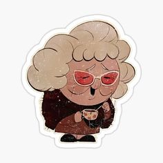 an old lady with red glasses holding a cup sticker