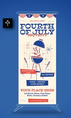 the fourth of july bbq party poster is displayed in front of a blue background