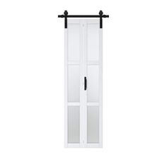 a white door with two black handles on the top and bottom bars, against a white background