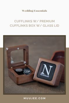 Cufflinks w/ Premium Cufflinks Box w/ Glass Lid - Custom Wooden Cuff links Box, Wedding Gift For Groomsman, Personalized Groomsmen Gift