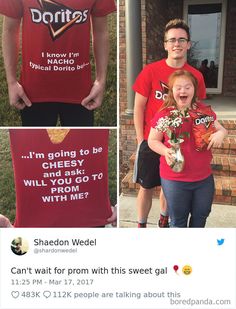 two people wearing t - shirts and one is holding flowers, the other has a sign that says doritos i am going to be cheesy and ask