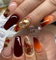 Fall Nails Gel X Coffin, Thanksgiving Nails With Rhinestones, Seasonal Nails Fall, November Colors Nails, Fall Festive Nails, Red And Brown Fall Nails, Fall Birthday Nails Acrylic, Boujee Fall Nails, Fall Themed Nail Designs