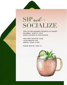 a sip and socialize party card with a drink in a mug on it's front