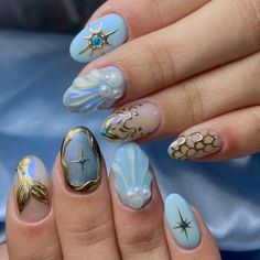 Mermaid Chrome Nails, Hand Drawn Nails, Long Nails Almond, Mermaid Chrome, Gold Gel Nails, Sea Nails, Nails Arts, Wow Nails, Custom Press On Nails