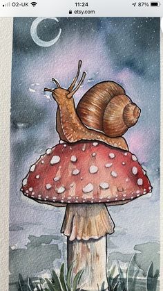 a painting of a snail on top of a mushroom